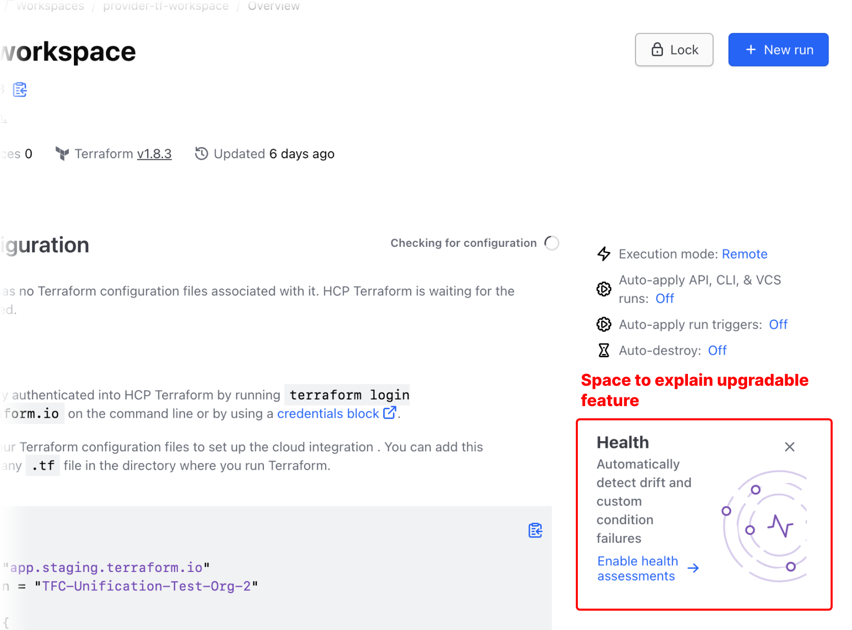 A "Terraform Health" feature spotlight within a larger dashboard UI. It is dismissable, has a heading "Health" with text "Automatically detect drift and custom condition failures", and a link to enable.